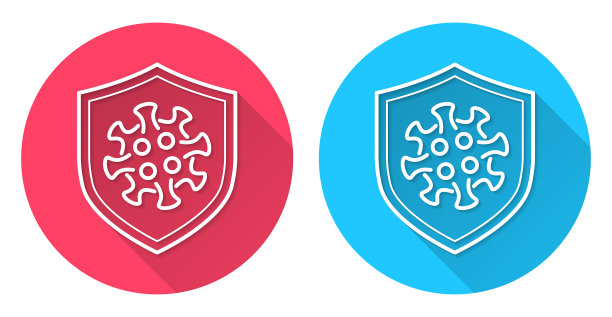 冠状病毒保护。圆形图标与长阴影在红色或蓝色的背景图片下载