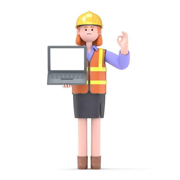 站着的女工程师帕姆拿着笔记本电脑的3D插图。使用电脑的卡通人物肖像。沟通，办公场所概念，白底3D渲染。图片下载