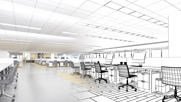 办公空间用于使用电脑、办公设备、线条画和色彩的组合。, 3 d渲染图片下载