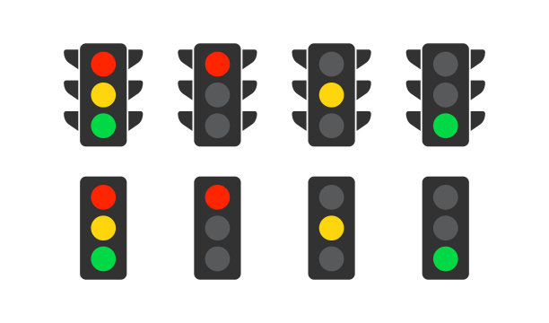 交通灯图标。红绿灯的迹象。在道路标志处停车。街道信号符号。调节图标。黑色，黄色，红色，绿色。矢量信号。图片下载