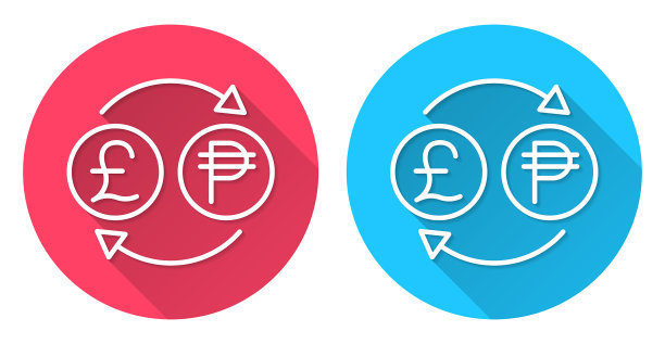货币兑换-英镑比索。圆形图标与长阴影在红色或蓝色的背景图片下载