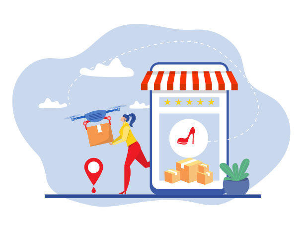 送货服务使用无人机，妇女在线订购和飞行四轴飞行器交付包裹矢量插画图片下载