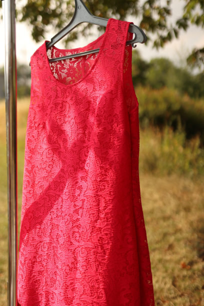 衣架上系着蝴蝶结的红色连衣裙。图片下载