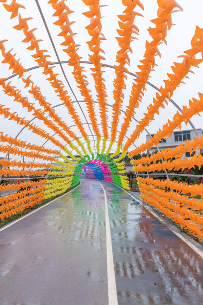 空旷的道路两旁有大量整齐的塑料风车图片下载