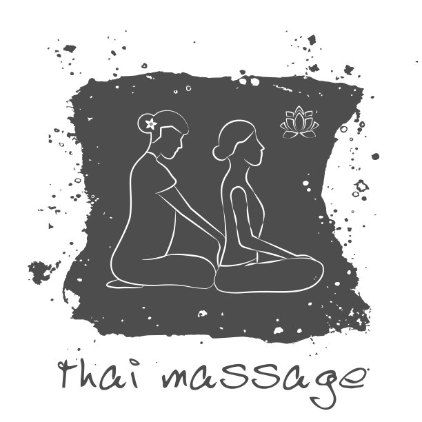标志泰式按摩在灰色。一个女人的剪影得到传统泰式伸展按摩治疗师。背景与干燥粗糙的边缘。泰式按摩概念为您设计。EPS10图片下载