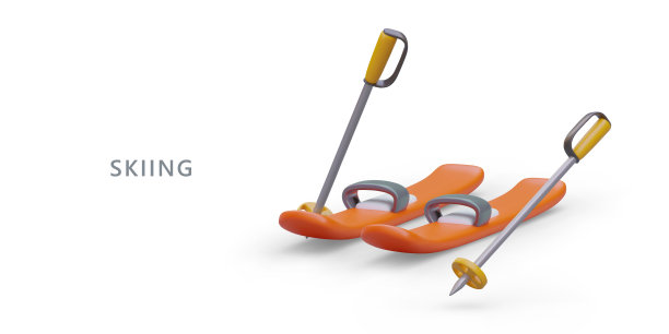 一对橙色的滑雪板，滑雪杖。冬季运动配件。滑雪学校广告图片下载