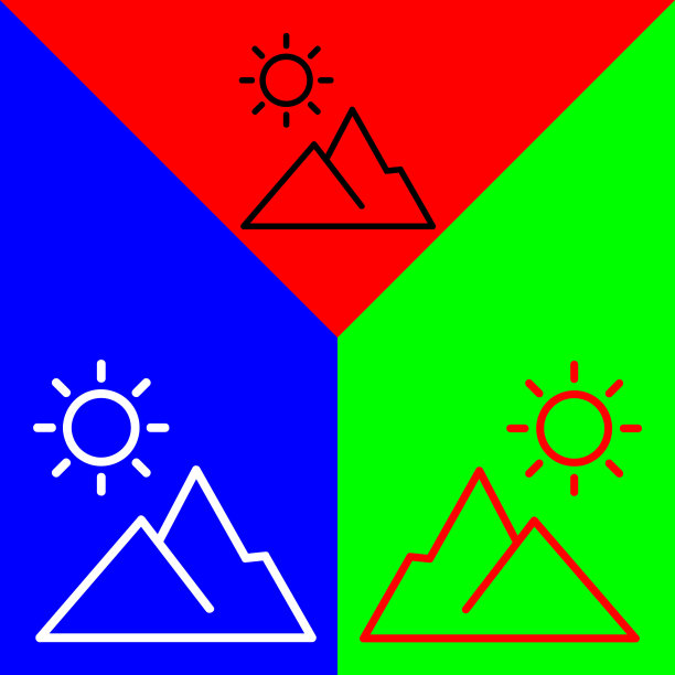 山矢量图标，线性风格的图标，从农业图标收集，隔离在红色，蓝色和绿色背景。图片下载