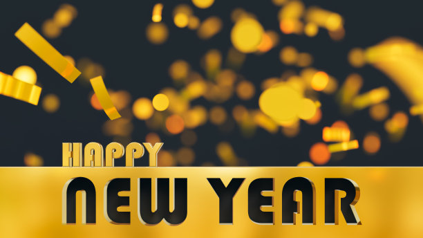 黑暗舞台与散焦金色的小玩意与新年快乐的金色文字，3d插图图片下载