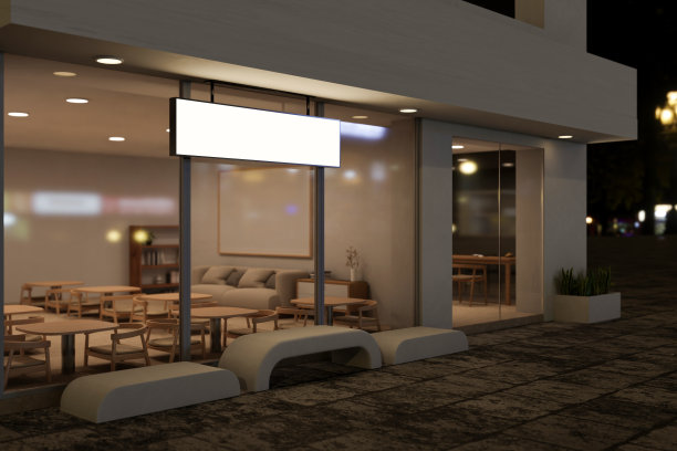 现代咖啡馆或餐厅的外观设计，带有空的标牌模型。图片下载