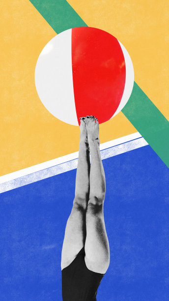 当代艺术拼贴。穿着泳装跳入游泳池的年轻女子，有着女性的腿。五颜六色的设计图片下载