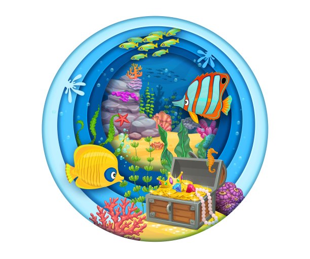 卡通热带鱼，宝箱，剪纸图片下载