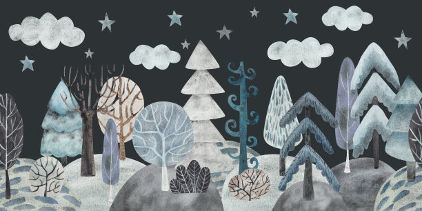 冬季森林。水彩插图在平面卡通风格。无缝的边界图片下载