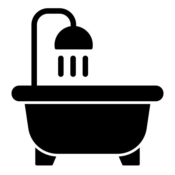 浴室固体图标。浴缸带淋浴，男女卫生间标志，白色背景上的字形风格象形文字。酒店商业标识手机概念网页设计。矢量图形。图片下载