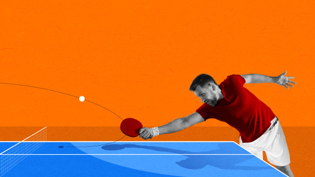 年轻人在明亮的橙色背景下打乒乓球。的爱好。当代艺术拼贴。图片下载