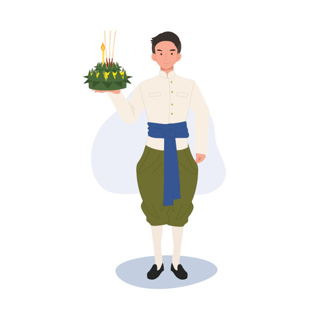 泰国端午节插画。身着传统服饰的男子手持铜锣。泰国的端午节图片下载