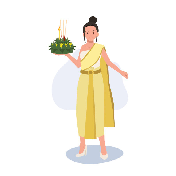 泰国端午节插画。身着传统服饰的妇女手持铜锣。泰国的端午节图片下载