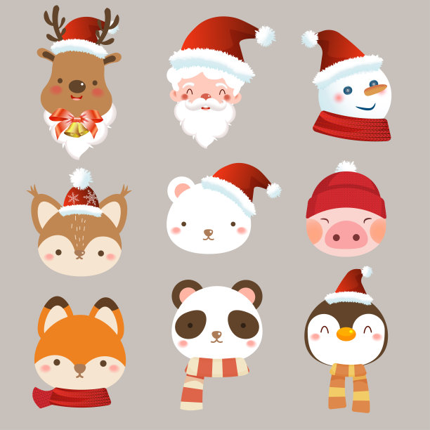 可爱的圣诞肖像与圣诞老人，雪人，麋鹿和其他动物与温暖的围巾或红帽子图片下载