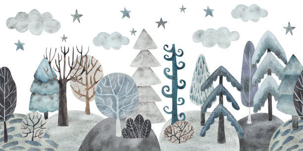 冬季森林。水彩插图在平面卡通风格。无缝的边界图片下载