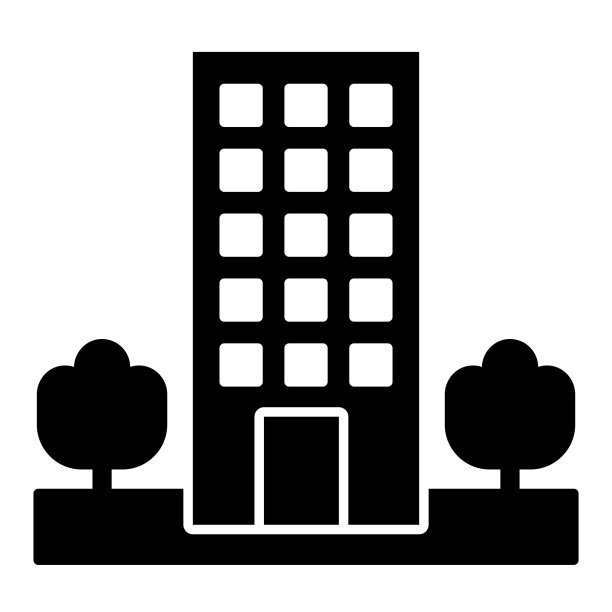 汽车旅馆固体图标。摩天大楼与树木的象征，字形风格的象形文字在白色的背景。酒店商业标识手机概念网页设计。矢量图形。图片下载