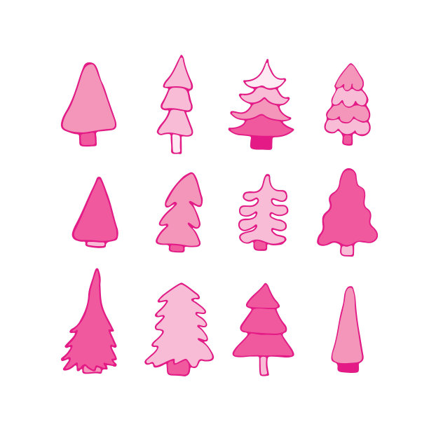一套可爱的粉红色的树与雪花为新年和圣诞节的设计。新年快乐。矢量插图。手绘。平面设计。图片下载