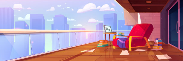 开放式城市露台公寓内部配有扶手椅图片下载