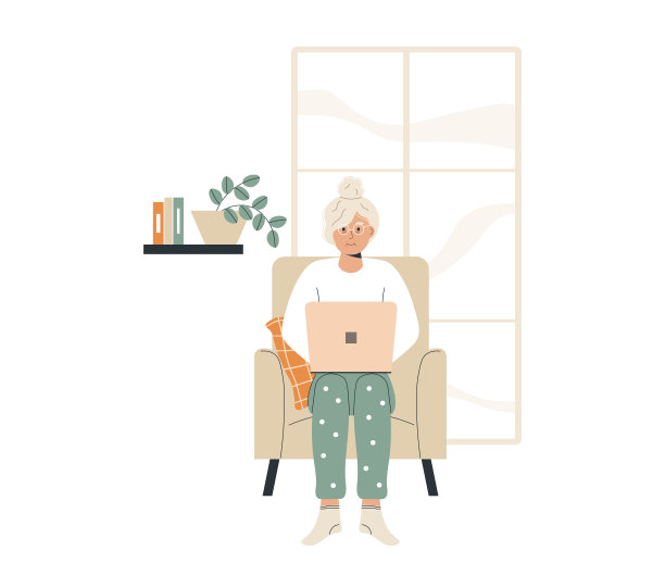 老妇人坐在椅子上，手里拿着笔记本电脑。高年级女生正在学习。可爱的老太太在家里用笔记本电脑工作。老妇人上网，使用科技。孤立矢量插图。图片下载