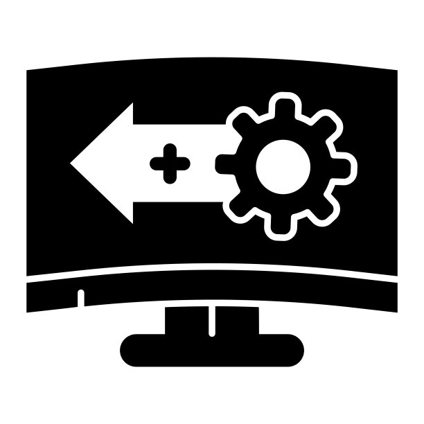 系统升级实体图标。软件更新，齿轮与箭头在监视器符号，白色背景上的字形风格象形文字。科技标志移动概念网页设计。矢量图形。图片下载