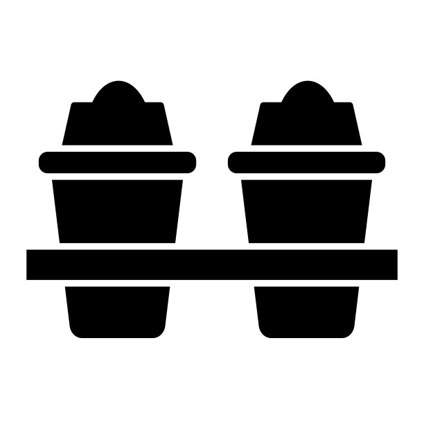 两个塑料咖啡杯固体图标。带外卖的旅行热杯。塑料制品的设计理念，字形风格为白色上象形文字的使用和应用。图片下载
