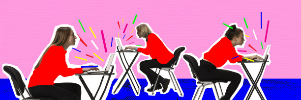 年轻女孩，员工用笔记本发短信，发派对请柬。准备。当代艺术拼贴。图片下载