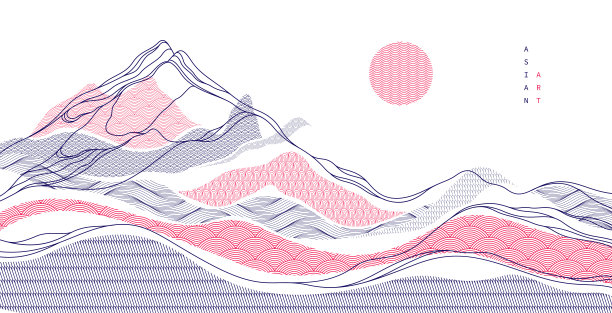 抽象的东方日本艺术矢量背景，传统风格的设计，波浪状的形状和山脉地形景观，流淌如海的线条。图片下载