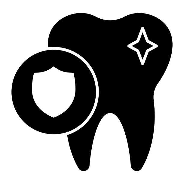 牙齿保护固体图标。健康牙齿和护盾，口腔卫生标志，白色背景上的字形风格象形文字。牙科标志移动概念网页设计。矢量图形。图片下载
