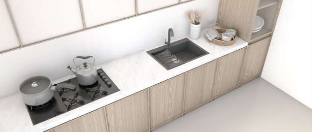 顶景现代厨房，白色大理石台面布置有盘子，碗，陶瓷，透明玻璃，烛台，电燃气，内置家具木柜。三维渲染图片下载