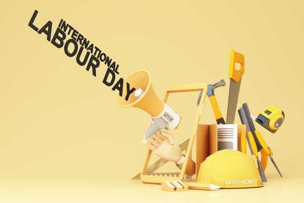 劳动节，给工人们的想法安全第一，生命安全，工作健康周围有工具锤子，卷尺和地球仪，戴着施工帽。三维渲染图片下载