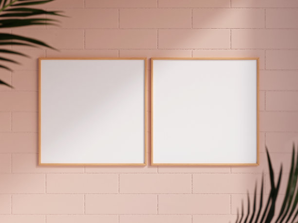 干净和极简主义的正面视图的正方形木制照片或海报框架模型挂在砖墙与模糊的植物。3 d渲染。图片下载