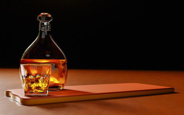 白兰地或威士忌在透明的杯子里，加冰块。酒精饮料放在木制杯垫上。酒吧饮品概念。3 d渲染。图片下载