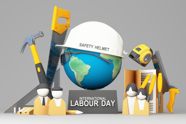 劳动节，给工人们的想法安全第一，生命安全，工作健康周围有工具锤子，卷尺和地球仪，戴着施工帽。三维渲染图片下载