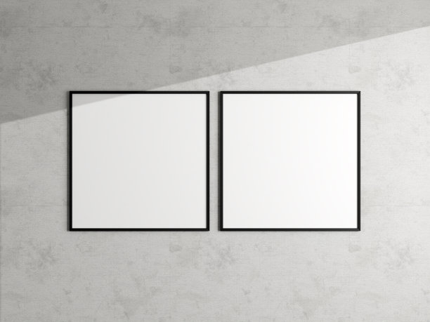 挂在白色墙上的最小海报相框模型。空白框架模型。干净、现代、简约的框架。3 d渲染。图片下载