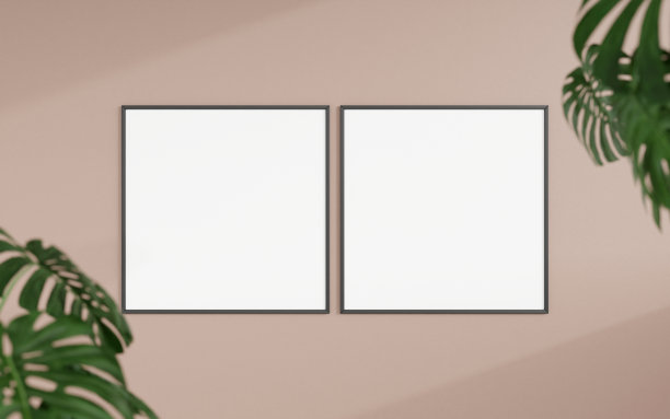 干净和极简主义的正面视图黑色照片或海报框架模型挂在墙上与模糊的植物。3 d渲染。图片下载