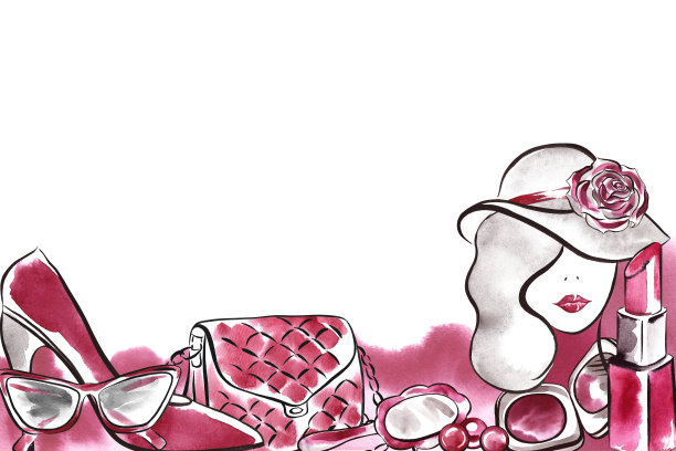 美丽和时尚。横幅与品红时尚配件，女孩的脸和化妆品。手绘水彩画。用于化妆品、明信片的设计。用于印刷、名片、标签、包装等。图片下载