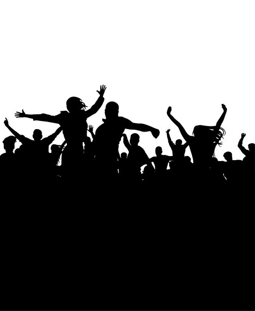 人群中，竖着横幅。乐迷或体育迷，性格开朗的人。矢量插图。图片下载