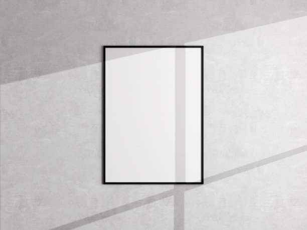 挂在白色墙上的最小海报相框模型。空白框架模型。干净、现代、简约的框架。3 d渲染。图片下载