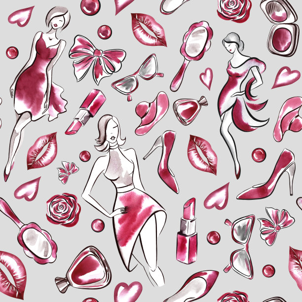 无缝图案搭配一套化妆品配件，兼具模特的美丽与时尚元素。手绘水彩画。用于设计横幅，化妆品，卡片和标签，包装和纺织品。图片下载