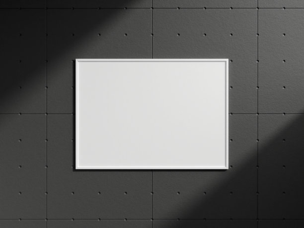 干净和极简主义的正面景观白色照片或海报框架模型挂在工业砖墙与阴影。3 d渲染。图片下载