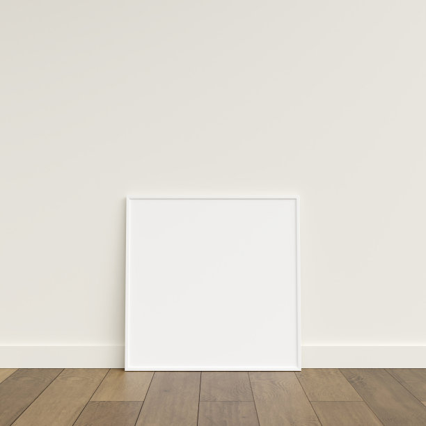 靠着墙的木地板上的空相框。空白的海报框架立在木地板上。空白海报框架模型。空相框模型。3 d渲染。图片下载
