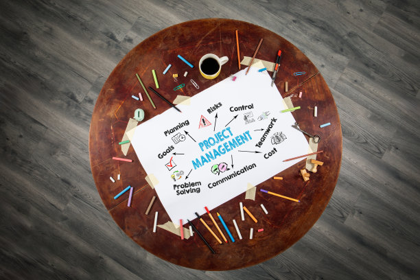 项目管理概念。图表与关键字和图标。圆木桌图片下载