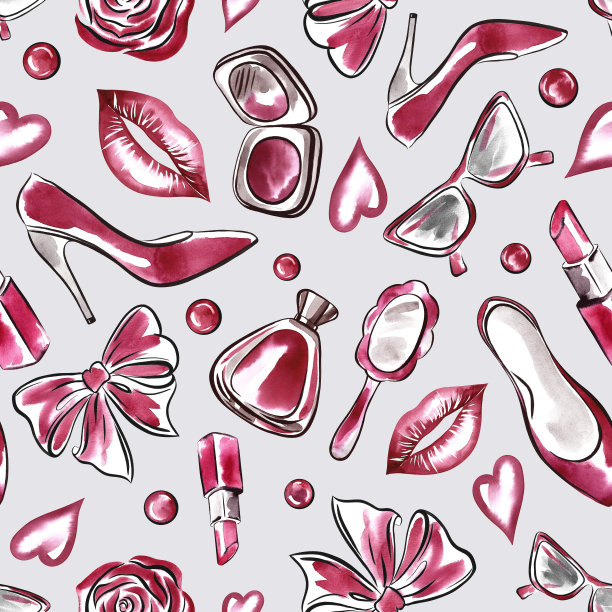 无缝图案的化妆配件，美观时尚的元素。手绘水彩画。在灰色背景上。用于设计横幅，化妆品，卡片和标签，包装和纺织品。图片下载