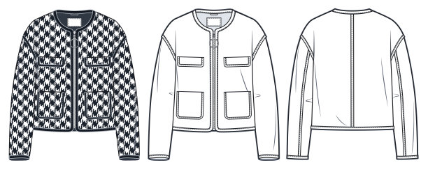 短上衣技术时尚插画，犬字型设计。拉链夹克时尚平面技术图纸模板，口袋，前后视图，白色，黑色，女装CAD模型集。图片下载