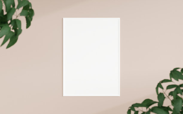 干净和极简主义的正面视图垂直白色照片或海报框架模型挂在墙上与模糊的植物。3 d渲染。图片下载