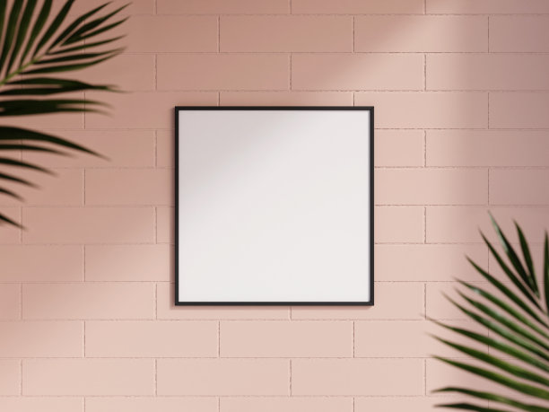 干净和极简主义的正面视图黑色照片或海报框架模型挂在砖墙与模糊的植物。3 d渲染。图片下载