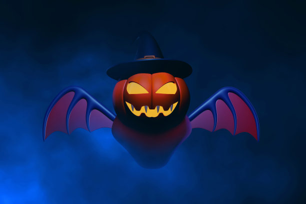 卡通飞行蝙蝠头微笑南瓜发光的脸与蓝烟背景女巫帽3d插图图片下载